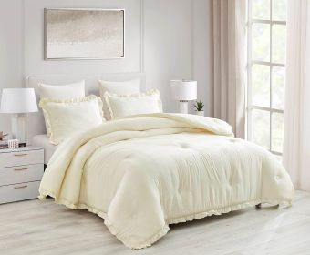 Full Size Ivory Microfiber 3-Piece Comforter Set with Ruffled Edge Trim